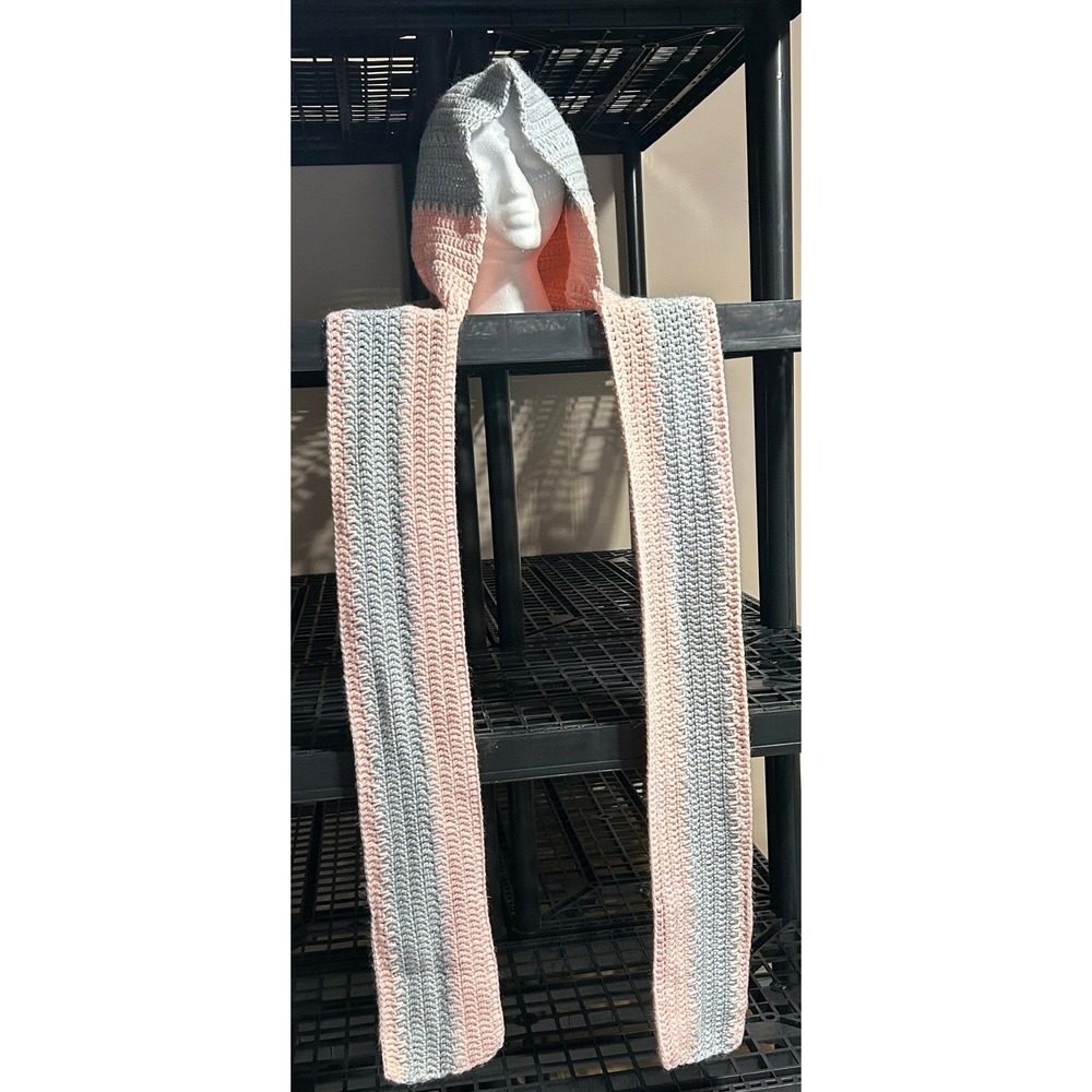 Handmade Crochet Hooded Scarf with Pockets Pink Grey Pom Pom Scoodie Wrap Winter